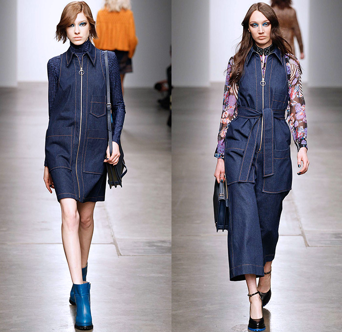 Karen Walker 2015-2016 Fall Autumn Winter Womens Runway Catwalk Looks - New York Fashion Week NYFW - Art Nouveau 1970s Seventies Illustration Geometric Cubes Clock Denim Jeans Flowers Florals Flora Print Pattern Wide Leg Palazzo Pants Trousers Shearling Waistcoat Outerwear Coat Jacket Turtleneck Sash Waist Blouse Maxi Dress Embroidery Miniskirt Blazer Pantsuit Leather Ruffles Shirtdress Fringes