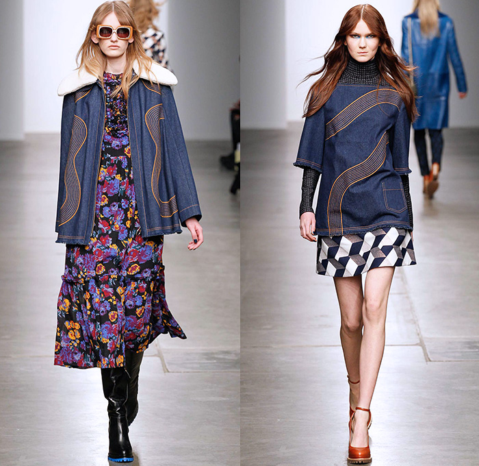 Karen Walker 2015-2016 Fall Autumn Winter Womens Runway Catwalk Looks - New York Fashion Week NYFW - Art Nouveau 1970s Seventies Illustration Geometric Cubes Clock Denim Jeans Flowers Florals Flora Print Pattern Wide Leg Palazzo Pants Trousers Shearling Waistcoat Outerwear Coat Jacket Turtleneck Sash Waist Blouse Maxi Dress Embroidery Miniskirt Blazer Pantsuit Leather Ruffles Shirtdress Fringes