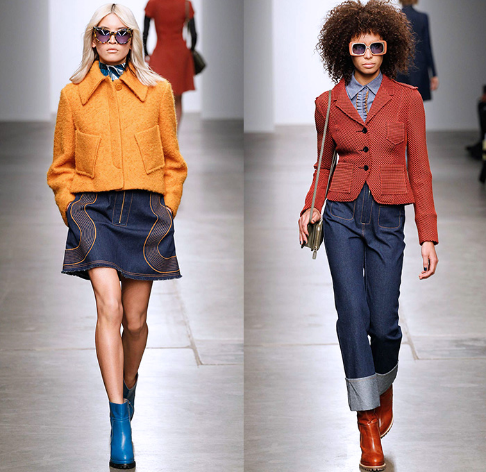 Karen Walker 2015-2016 Fall Autumn Winter Womens Runway Catwalk Looks - New York Fashion Week NYFW - Art Nouveau 1970s Seventies Illustration Geometric Cubes Clock Denim Jeans Flowers Florals Flora Print Pattern Wide Leg Palazzo Pants Trousers Shearling Waistcoat Outerwear Coat Jacket Turtleneck Sash Waist Blouse Maxi Dress Embroidery Miniskirt Blazer Pantsuit Leather Ruffles Shirtdress Fringes