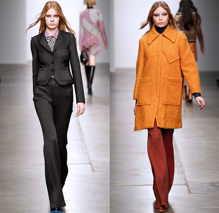 Karen Walker 2015-2016 Fall Autumn Winter Womens Runway Catwalk Looks - New York Fashion Week NYFW - Art Nouveau 1970s Seventies Illustration Geometric Cubes Clock Denim Jeans Flowers Florals Flora Print Pattern Wide Leg Palazzo Pants Trousers Shearling Waistcoat Outerwear Coat Jacket Turtleneck Sash Waist Blouse Maxi Dress Embroidery Miniskirt Blazer Pantsuit Leather Ruffles Shirtdress Fringes