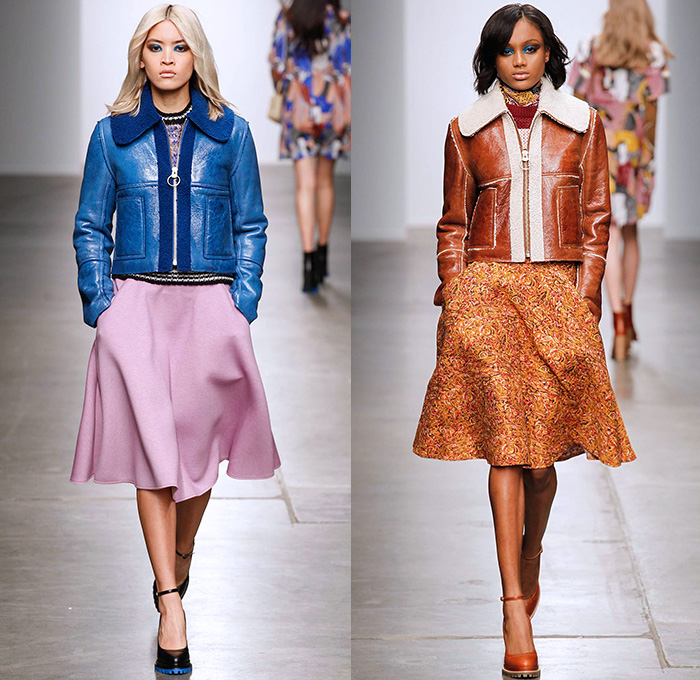 Karen Walker 2015-2016 Fall Autumn Winter Womens Runway Catwalk Looks - New York Fashion Week NYFW - Art Nouveau 1970s Seventies Illustration Geometric Cubes Clock Denim Jeans Flowers Florals Flora Print Pattern Wide Leg Palazzo Pants Trousers Shearling Waistcoat Outerwear Coat Jacket Turtleneck Sash Waist Blouse Maxi Dress Embroidery Miniskirt Blazer Pantsuit Leather Ruffles Shirtdress Fringes