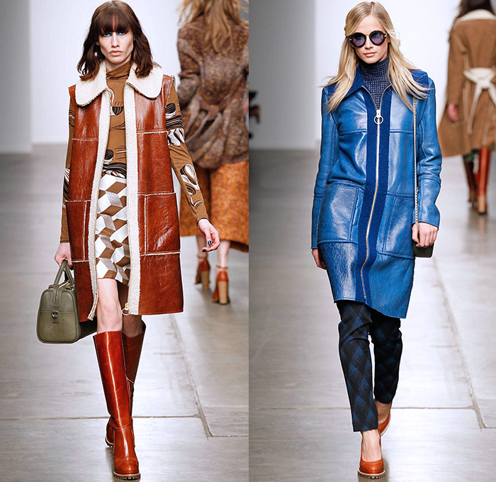 Karen Walker 2015-2016 Fall Autumn Winter Womens Runway Catwalk Looks - New York Fashion Week NYFW - Art Nouveau 1970s Seventies Illustration Geometric Cubes Clock Denim Jeans Flowers Florals Flora Print Pattern Wide Leg Palazzo Pants Trousers Shearling Waistcoat Outerwear Coat Jacket Turtleneck Sash Waist Blouse Maxi Dress Embroidery Miniskirt Blazer Pantsuit Leather Ruffles Shirtdress Fringes