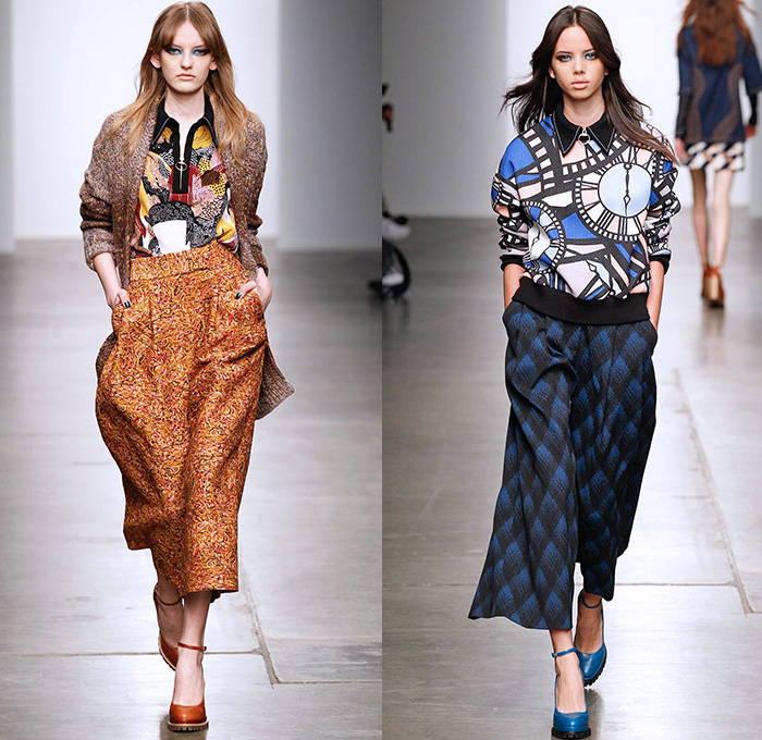 Karen Walker 2015-2016 Fall Autumn Winter Womens Runway Catwalk Looks - New York Fashion Week NYFW - Art Nouveau 1970s Seventies Illustration Geometric Cubes Clock Denim Jeans Flowers Florals Flora Print Pattern Wide Leg Palazzo Pants Trousers Shearling Waistcoat Outerwear Coat Jacket Turtleneck Sash Waist Blouse Maxi Dress Embroidery Miniskirt Blazer Pantsuit Leather Ruffles Shirtdress Fringes