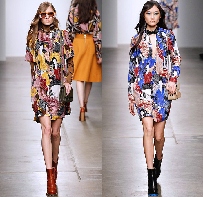 Karen Walker 2015-2016 Fall Autumn Winter Womens Runway Catwalk Looks - New York Fashion Week NYFW - Art Nouveau 1970s Seventies Illustration Geometric Cubes Clock Denim Jeans Flowers Florals Flora Print Pattern Wide Leg Palazzo Pants Trousers Shearling Waistcoat Outerwear Coat Jacket Turtleneck Sash Waist Blouse Maxi Dress Embroidery Miniskirt Blazer Pantsuit Leather Ruffles Shirtdress Fringes