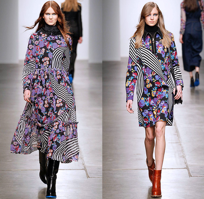 Karen Walker 2015-2016 Fall Autumn Winter Womens Runway Catwalk Looks - New York Fashion Week NYFW - Art Nouveau 1970s Seventies Illustration Geometric Cubes Clock Denim Jeans Flowers Florals Flora Print Pattern Wide Leg Palazzo Pants Trousers Shearling Waistcoat Outerwear Coat Jacket Turtleneck Sash Waist Blouse Maxi Dress Embroidery Miniskirt Blazer Pantsuit Leather Ruffles Shirtdress Fringes