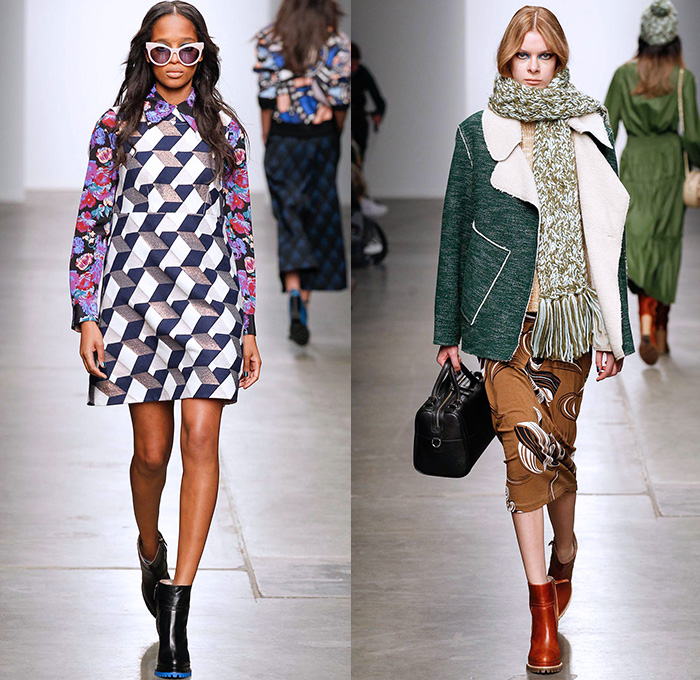 Karen Walker 2015-2016 Fall Autumn Winter Womens Runway Catwalk Looks - New York Fashion Week NYFW - Art Nouveau 1970s Seventies Illustration Geometric Cubes Clock Denim Jeans Flowers Florals Flora Print Pattern Wide Leg Palazzo Pants Trousers Shearling Waistcoat Outerwear Coat Jacket Turtleneck Sash Waist Blouse Maxi Dress Embroidery Miniskirt Blazer Pantsuit Leather Ruffles Shirtdress Fringes