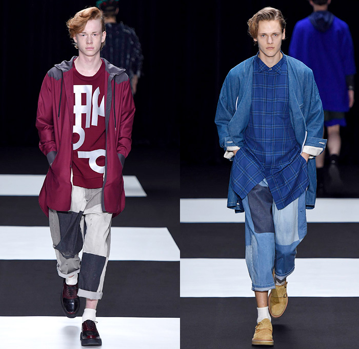 KIDILL by Hiroaki Sueyasu 2015-2016 Fall Autumn Winter Mens Runway Catwalk Looks - Mercedes-Benz Fashion Week Tokyo Japan - Patchwork Denim Jeans Mickey Mouse Ears Outerwear Oversized Coat Parka Cherries Stars Stripes Frayed Embroidery 3D Embellishments Adornments Plaid Shirt Slouchy Baggy Loose Shawl Blazer Scribbles Shorts Culottes Quilted Puffer Vest Waistcoat Loungewear