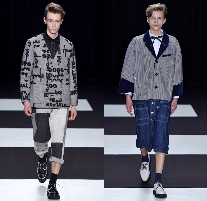KIDILL by Hiroaki Sueyasu 2015-2016 Fall Autumn Winter Mens Runway Catwalk Looks - Mercedes-Benz Fashion Week Tokyo Japan - Patchwork Denim Jeans Mickey Mouse Ears Outerwear Oversized Coat Parka Cherries Stars Stripes Frayed Embroidery 3D Embellishments Adornments Plaid Shirt Slouchy Baggy Loose Shawl Blazer Scribbles Shorts Culottes Quilted Puffer Vest Waistcoat Loungewear