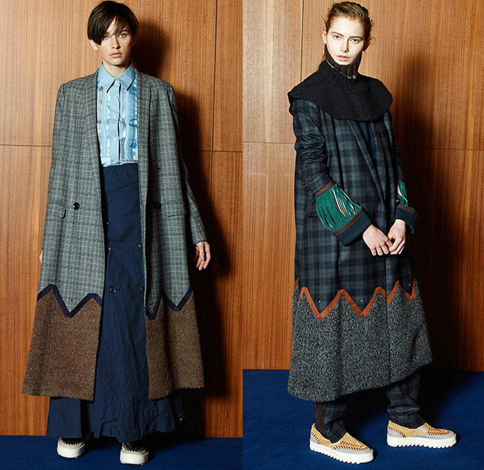Kolor by Junichi Abe 2015-2016 Fall Autumn Winter Womens Lookbook Presentation - Mode à Paris Fashion Week Mode Féminin France - Oversized Outerwear Coat Wide Leg Palazzo Pants Mix Match Panels Lace Blazer Slashed Fringes Skirt Frock Stripes Scarf Blouse Plaid Chunky Knit Turtleneck Sweater Jumper Capelet Zigzag Layers Quilted Puffer Furry Patchwork Suede Windowpane Check Handkerchief Hem Accordion Pleats Polka Dots