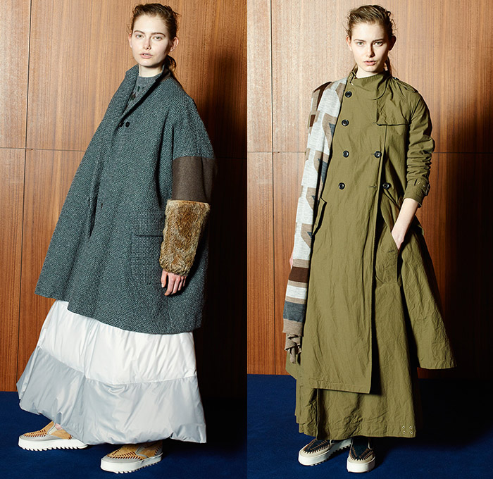Kolor by Junichi Abe 2015-2016 Fall Autumn Winter Womens Lookbook Presentation - Mode à Paris Fashion Week Mode Féminin France - Oversized Outerwear Coat Wide Leg Palazzo Pants Mix Match Panels Lace Blazer Slashed Fringes Skirt Frock Stripes Scarf Blouse Plaid Chunky Knit Turtleneck Sweater Jumper Capelet Zigzag Layers Quilted Puffer Furry Patchwork Suede Windowpane Check Handkerchief Hem Accordion Pleats Polka Dots