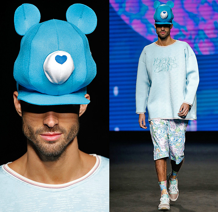 Krizia Robustella 2015-2016 Fall Autumn Winter Mens Runway Catwalk Looks - 080 Barcelona Fashion Catalonia Catalan Spain - Sickly Sweet Care Bears Print Graphic Pattern Shorts Sweater Quilted Puffer Jacket Double Pants Tiered Jumper Trainers Backpack Shirt Cap