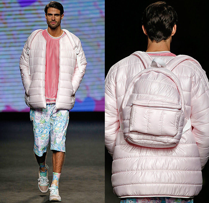 Krizia Robustella 2015-2016 Fall Autumn Winter Mens Runway Catwalk Looks - 080 Barcelona Fashion Catalonia Catalan Spain - Sickly Sweet Care Bears Print Graphic Pattern Shorts Sweater Quilted Puffer Jacket Double Pants Tiered Jumper Trainers Backpack Shirt Cap