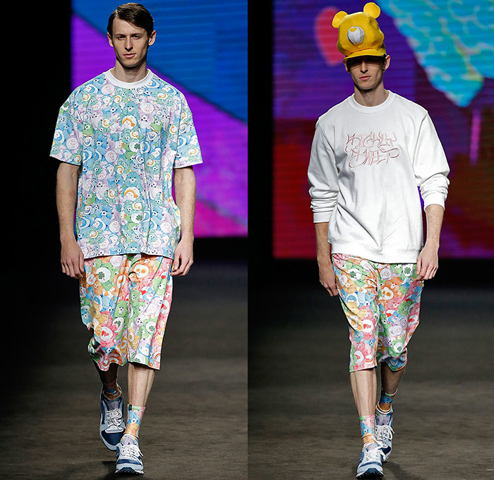 Krizia Robustella 2015-2016 Fall Autumn Winter Mens Runway Catwalk Looks - 080 Barcelona Fashion Catalonia Catalan Spain - Sickly Sweet Care Bears Print Graphic Pattern Shorts Sweater Quilted Puffer Jacket Double Pants Tiered Jumper Trainers Backpack Shirt Cap