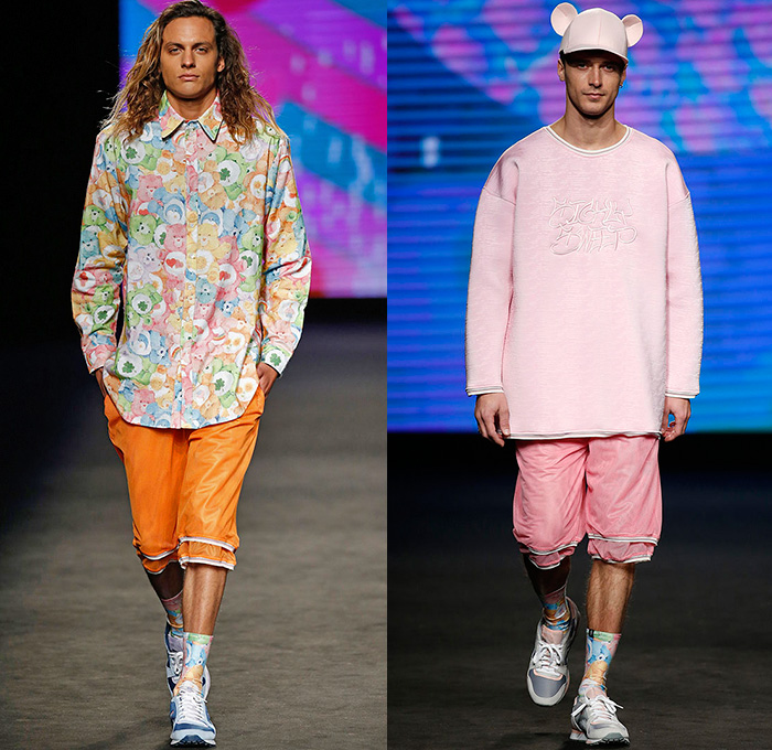 Krizia Robustella 2015-2016 Fall Autumn Winter Mens Runway Catwalk Looks - 080 Barcelona Fashion Catalonia Catalan Spain - Sickly Sweet Care Bears Print Graphic Pattern Shorts Sweater Quilted Puffer Jacket Double Pants Tiered Jumper Trainers Backpack Shirt Cap