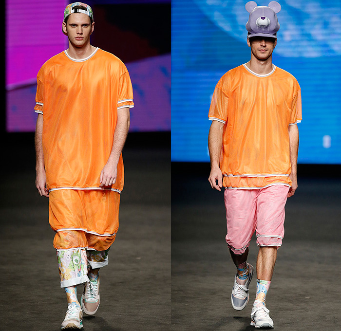 Krizia Robustella 2015-2016 Fall Autumn Winter Mens Runway Catwalk Looks - 080 Barcelona Fashion Catalonia Catalan Spain - Sickly Sweet Care Bears Print Graphic Pattern Shorts Sweater Quilted Puffer Jacket Double Pants Tiered Jumper Trainers Backpack Shirt Cap