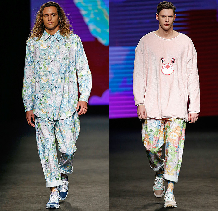 Krizia Robustella 2015-2016 Fall Autumn Winter Mens Runway Catwalk Looks - 080 Barcelona Fashion Catalonia Catalan Spain - Sickly Sweet Care Bears Print Graphic Pattern Shorts Sweater Quilted Puffer Jacket Double Pants Tiered Jumper Trainers Backpack Shirt Cap