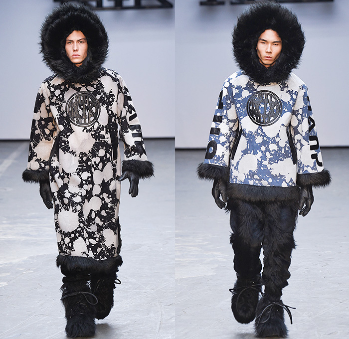 KTZ by Marjan Pejoski 2015-2016 Fall Autumn Winter Mens Runway Catwalk Looks - London Collections: Men British Fashion Council UK United Kingdom - Inuit Eskimos Droogs Rubik's Cube Outerwear Furry Coat Tribal Paint Splatters Prison Stripes Sweater Jumper Boots Turtleneck Hoodie Bomber Jacket Zippers Cargo Pockets Leather Gloves Fringes Animal Skulls Bones Antlers Pixels Rainwear Parka Jumpsuit