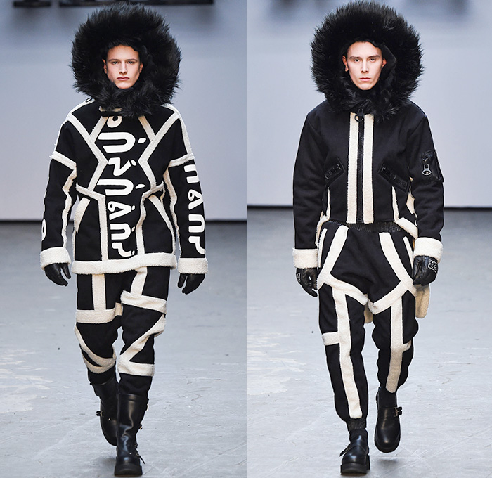 KTZ by Marjan Pejoski 2015-2016 Fall Autumn Winter Mens Runway Catwalk Looks - London Collections: Men British Fashion Council UK United Kingdom - Inuit Eskimos Droogs Rubik's Cube Outerwear Furry Coat Tribal Paint Splatters Prison Stripes Sweater Jumper Boots Turtleneck Hoodie Bomber Jacket Zippers Cargo Pockets Leather Gloves Fringes Animal Skulls Bones Antlers Pixels Rainwear Parka Jumpsuit