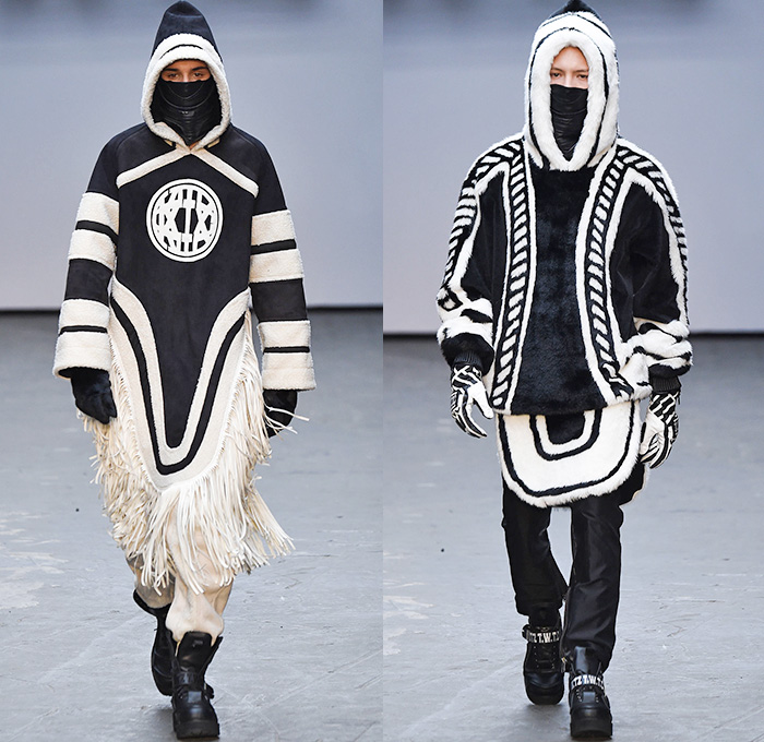 KTZ by Marjan Pejoski 2015-2016 Fall Autumn Winter Mens Runway Catwalk Looks - London Collections: Men British Fashion Council UK United Kingdom - Inuit Eskimos Droogs Rubik's Cube Outerwear Furry Coat Tribal Paint Splatters Prison Stripes Sweater Jumper Boots Turtleneck Hoodie Bomber Jacket Zippers Cargo Pockets Leather Gloves Fringes Animal Skulls Bones Antlers Pixels Rainwear Parka Jumpsuit