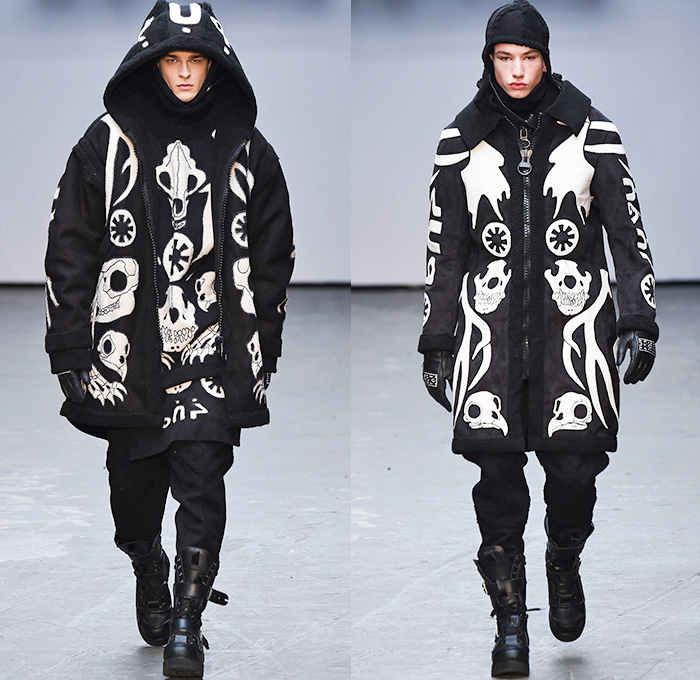 KTZ by Marjan Pejoski 2015-2016 Fall Autumn Winter Mens Runway Catwalk Looks - London Collections: Men British Fashion Council UK United Kingdom - Inuit Eskimos Droogs Rubik's Cube Outerwear Furry Coat Tribal Paint Splatters Prison Stripes Sweater Jumper Boots Turtleneck Hoodie Bomber Jacket Zippers Cargo Pockets Leather Gloves Fringes Animal Skulls Bones Antlers Pixels Rainwear Parka Jumpsuit