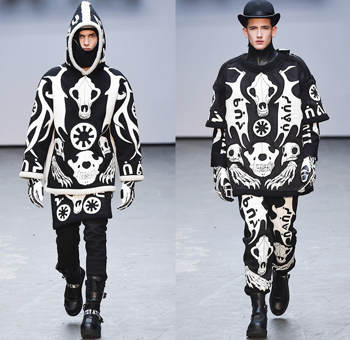 KTZ by Marjan Pejoski 2015-2016 Fall Autumn Winter Mens Runway Catwalk Looks - London Collections: Men British Fashion Council UK United Kingdom - Inuit Eskimos Droogs Rubik's Cube Outerwear Furry Coat Tribal Paint Splatters Prison Stripes Sweater Jumper Boots Turtleneck Hoodie Bomber Jacket Zippers Cargo Pockets Leather Gloves Fringes Animal Skulls Bones Antlers Pixels Rainwear Parka Jumpsuit