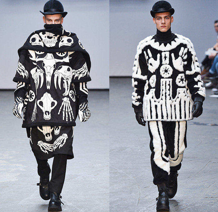 KTZ by Marjan Pejoski 2015-2016 Fall Autumn Winter Mens Runway Catwalk Looks - London Collections: Men British Fashion Council UK United Kingdom - Inuit Eskimos Droogs Rubik's Cube Outerwear Furry Coat Tribal Paint Splatters Prison Stripes Sweater Jumper Boots Turtleneck Hoodie Bomber Jacket Zippers Cargo Pockets Leather Gloves Fringes Animal Skulls Bones Antlers Pixels Rainwear Parka Jumpsuit