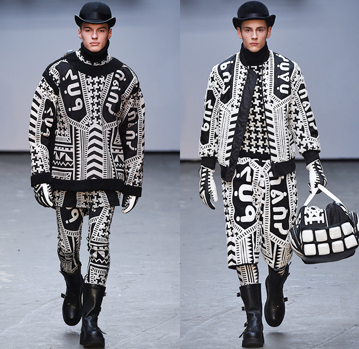 KTZ by Marjan Pejoski 2015-2016 Fall Autumn Winter Mens Runway Catwalk Looks - London Collections: Men British Fashion Council UK United Kingdom - Inuit Eskimos Droogs Rubik's Cube Outerwear Furry Coat Tribal Paint Splatters Prison Stripes Sweater Jumper Boots Turtleneck Hoodie Bomber Jacket Zippers Cargo Pockets Leather Gloves Fringes Animal Skulls Bones Antlers Pixels Rainwear Parka Jumpsuit