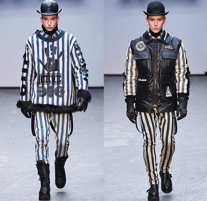 KTZ by Marjan Pejoski 2015-2016 Fall Autumn Winter Mens Runway Catwalk Looks - London Collections: Men British Fashion Council UK United Kingdom - Inuit Eskimos Droogs Rubik's Cube Outerwear Furry Coat Tribal Paint Splatters Prison Stripes Sweater Jumper Boots Turtleneck Hoodie Bomber Jacket Zippers Cargo Pockets Leather Gloves Fringes Animal Skulls Bones Antlers Pixels Rainwear Parka Jumpsuit