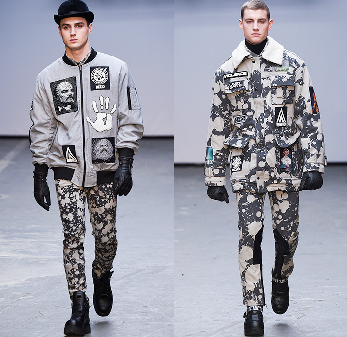 KTZ by Marjan Pejoski 2015-2016 Fall Autumn Winter Mens Runway Catwalk Looks - London Collections: Men British Fashion Council UK United Kingdom - Inuit Eskimos Droogs Rubik's Cube Outerwear Furry Coat Tribal Paint Splatters Prison Stripes Sweater Jumper Boots Turtleneck Hoodie Bomber Jacket Zippers Cargo Pockets Leather Gloves Fringes Animal Skulls Bones Antlers Pixels Rainwear Parka Jumpsuit