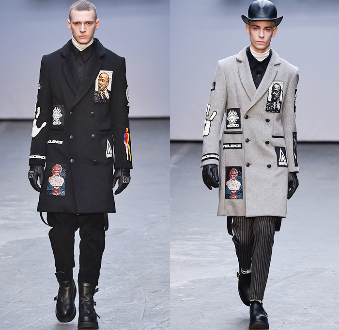 KTZ by Marjan Pejoski 2015-2016 Fall Autumn Winter Mens Runway Catwalk Looks - London Collections: Men British Fashion Council UK United Kingdom - Inuit Eskimos Droogs Rubik's Cube Outerwear Furry Coat Tribal Paint Splatters Prison Stripes Sweater Jumper Boots Turtleneck Hoodie Bomber Jacket Zippers Cargo Pockets Leather Gloves Fringes Animal Skulls Bones Antlers Pixels Rainwear Parka Jumpsuit