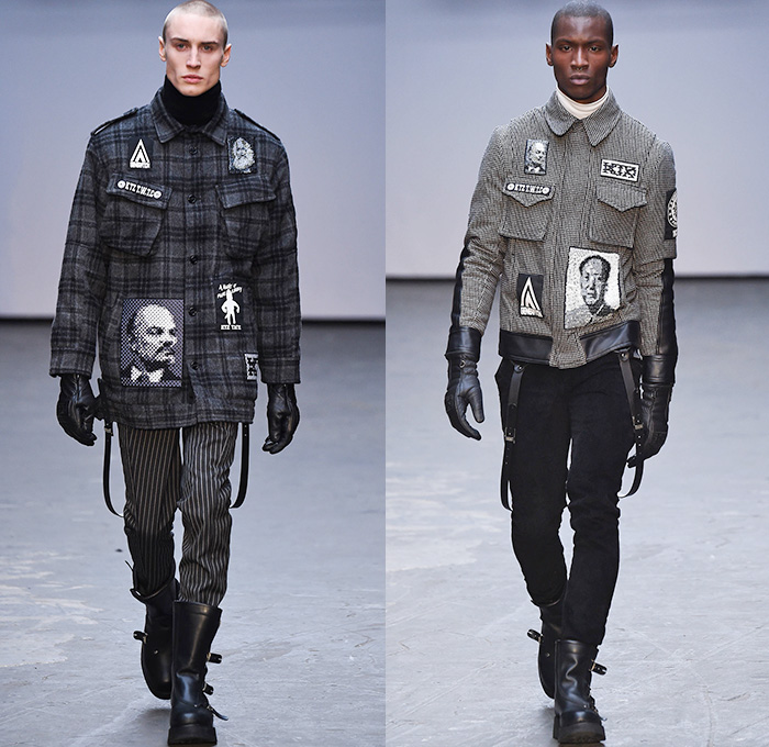 KTZ by Marjan Pejoski 2015-2016 Fall Autumn Winter Mens Runway Catwalk Looks - London Collections: Men British Fashion Council UK United Kingdom - Inuit Eskimos Droogs Rubik's Cube Outerwear Furry Coat Tribal Paint Splatters Prison Stripes Sweater Jumper Boots Turtleneck Hoodie Bomber Jacket Zippers Cargo Pockets Leather Gloves Fringes Animal Skulls Bones Antlers Pixels Rainwear Parka Jumpsuit