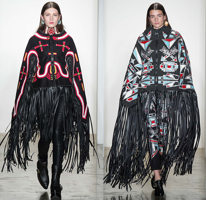 KTZ by Marjan Pejoski 2015-2016 Fall Autumn Winter Womens Runway Catwalk Looks - New York Fashion Week NYFW - Native American Indian Nomad Medieval Tribal Ethnic Prints Motif Oversized Outerwear Blanket Coat Poncho Cloak Robe Shearling Fringes Leather Jacket Geometric Beads Necklace Furry Turtleneck Knit Sweater Jumper Feathers Dress Skirt Frock Shield Emblem Choker Marching Band Cardigan Flags