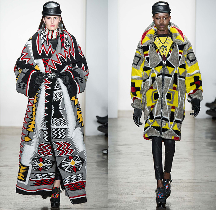 KTZ by Marjan Pejoski 2015-2016 Fall Autumn Winter Womens Runway Catwalk Looks - New York Fashion Week NYFW - Native American Indian Nomad Medieval Tribal Ethnic Prints Motif Oversized Outerwear Blanket Coat Poncho Cloak Robe Shearling Fringes Leather Jacket Geometric Beads Necklace Furry Turtleneck Knit Sweater Jumper Feathers Dress Skirt Frock Shield Emblem Choker Marching Band Cardigan Flags