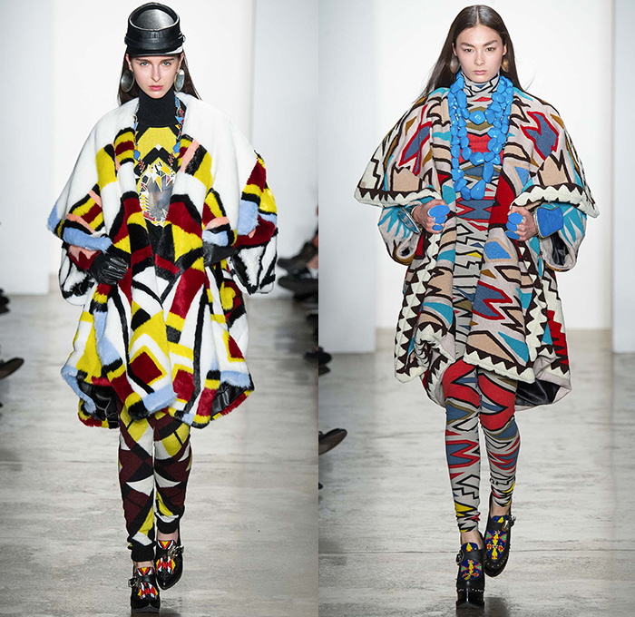 KTZ by Marjan Pejoski 2015-2016 Fall Autumn Winter Womens Runway Catwalk Looks - New York Fashion Week NYFW - Native American Indian Nomad Medieval Tribal Ethnic Prints Motif Oversized Outerwear Blanket Coat Poncho Cloak Robe Shearling Fringes Leather Jacket Geometric Beads Necklace Furry Turtleneck Knit Sweater Jumper Feathers Dress Skirt Frock Shield Emblem Choker Marching Band Cardigan Flags