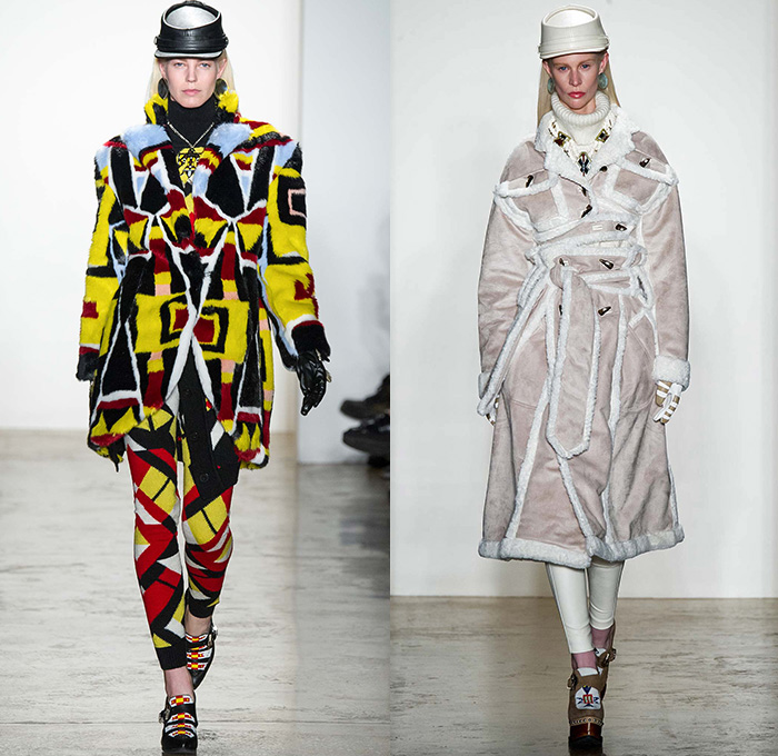 KTZ by Marjan Pejoski 2015-2016 Fall Autumn Winter Womens Runway Catwalk Looks - New York Fashion Week NYFW - Native American Indian Nomad Medieval Tribal Ethnic Prints Motif Oversized Outerwear Blanket Coat Poncho Cloak Robe Shearling Fringes Leather Jacket Geometric Beads Necklace Furry Turtleneck Knit Sweater Jumper Feathers Dress Skirt Frock Shield Emblem Choker Marching Band Cardigan Flags