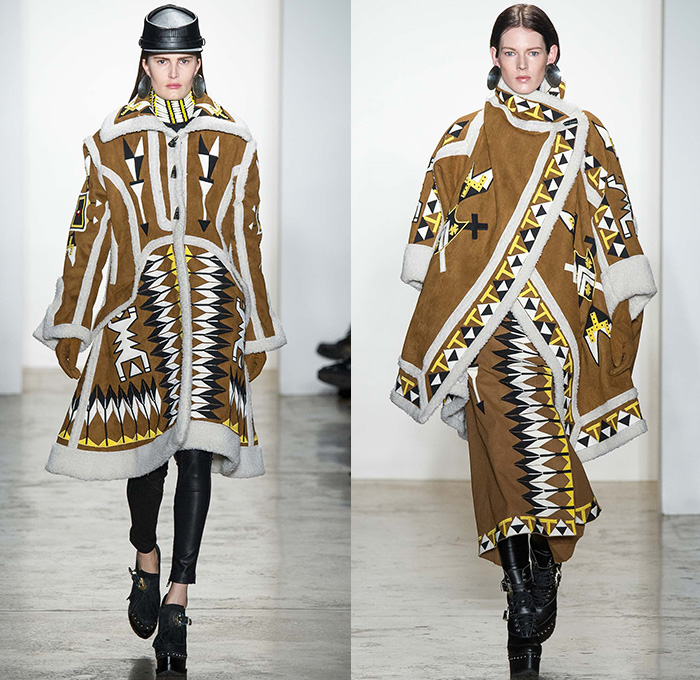 KTZ by Marjan Pejoski 2015-2016 Fall Autumn Winter Womens Runway Catwalk Looks - New York Fashion Week NYFW - Native American Indian Nomad Medieval Tribal Ethnic Prints Motif Oversized Outerwear Blanket Coat Poncho Cloak Robe Shearling Fringes Leather Jacket Geometric Beads Necklace Furry Turtleneck Knit Sweater Jumper Feathers Dress Skirt Frock Shield Emblem Choker Marching Band Cardigan Flags