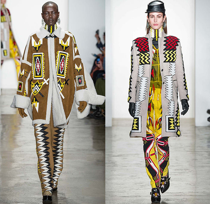 KTZ by Marjan Pejoski 2015-2016 Fall Autumn Winter Womens Runway Catwalk Looks - New York Fashion Week NYFW - Native American Indian Nomad Medieval Tribal Ethnic Prints Motif Oversized Outerwear Blanket Coat Poncho Cloak Robe Shearling Fringes Leather Jacket Geometric Beads Necklace Furry Turtleneck Knit Sweater Jumper Feathers Dress Skirt Frock Shield Emblem Choker Marching Band Cardigan Flags