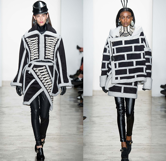 KTZ by Marjan Pejoski 2015-2016 Fall Autumn Winter Womens Runway Catwalk Looks - New York Fashion Week NYFW - Native American Indian Nomad Medieval Tribal Ethnic Prints Motif Oversized Outerwear Blanket Coat Poncho Cloak Robe Shearling Fringes Leather Jacket Geometric Beads Necklace Furry Turtleneck Knit Sweater Jumper Feathers Dress Skirt Frock Shield Emblem Choker Marching Band Cardigan Flags