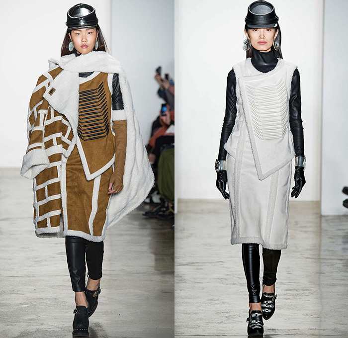 KTZ by Marjan Pejoski 2015-2016 Fall Autumn Winter Womens Runway Catwalk Looks - New York Fashion Week NYFW - Native American Indian Nomad Medieval Tribal Ethnic Prints Motif Oversized Outerwear Blanket Coat Poncho Cloak Robe Shearling Fringes Leather Jacket Geometric Beads Necklace Furry Turtleneck Knit Sweater Jumper Feathers Dress Skirt Frock Shield Emblem Choker Marching Band Cardigan Flags