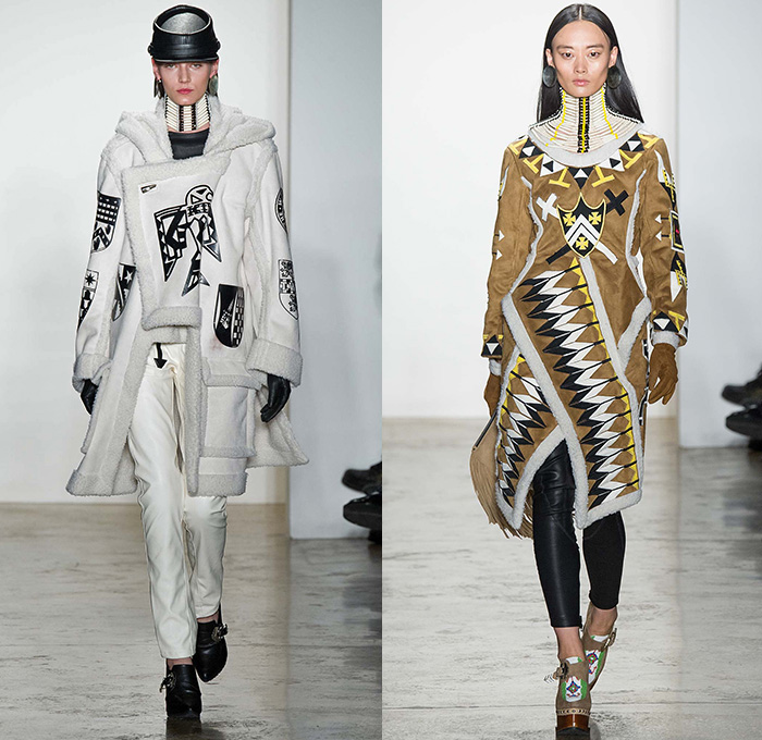 KTZ by Marjan Pejoski 2015-2016 Fall Autumn Winter Womens Runway Catwalk Looks - New York Fashion Week NYFW - Native American Indian Nomad Medieval Tribal Ethnic Prints Motif Oversized Outerwear Blanket Coat Poncho Cloak Robe Shearling Fringes Leather Jacket Geometric Beads Necklace Furry Turtleneck Knit Sweater Jumper Feathers Dress Skirt Frock Shield Emblem Choker Marching Band Cardigan Flags