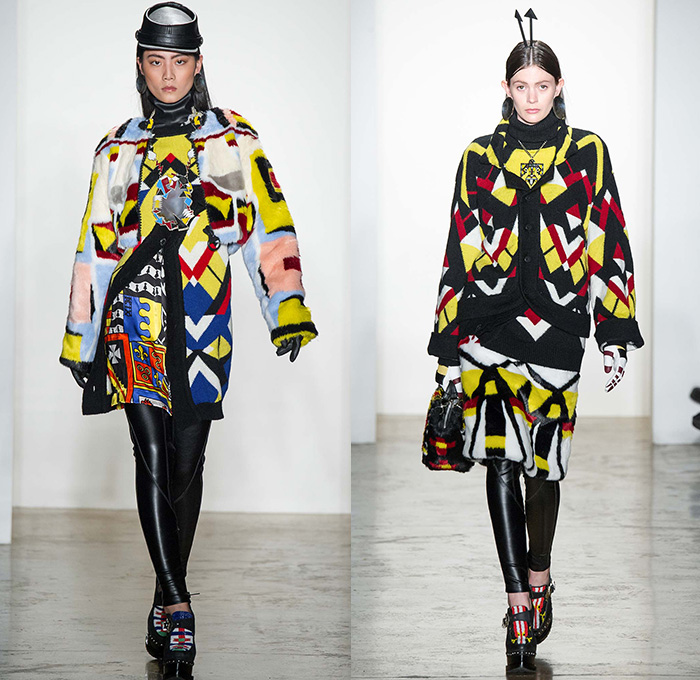 KTZ by Marjan Pejoski 2015-2016 Fall Autumn Winter Womens Runway Catwalk Looks - New York Fashion Week NYFW - Native American Indian Nomad Medieval Tribal Ethnic Prints Motif Oversized Outerwear Blanket Coat Poncho Cloak Robe Shearling Fringes Leather Jacket Geometric Beads Necklace Furry Turtleneck Knit Sweater Jumper Feathers Dress Skirt Frock Shield Emblem Choker Marching Band Cardigan Flags