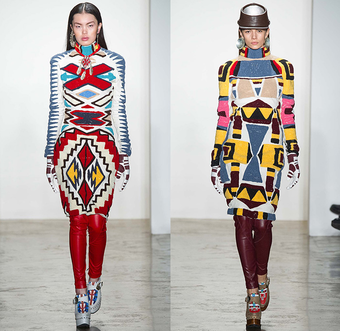 KTZ by Marjan Pejoski 2015-2016 Fall Autumn Winter Womens Runway Catwalk Looks - New York Fashion Week NYFW - Native American Indian Nomad Medieval Tribal Ethnic Prints Motif Oversized Outerwear Blanket Coat Poncho Cloak Robe Shearling Fringes Leather Jacket Geometric Beads Necklace Furry Turtleneck Knit Sweater Jumper Feathers Dress Skirt Frock Shield Emblem Choker Marching Band Cardigan Flags