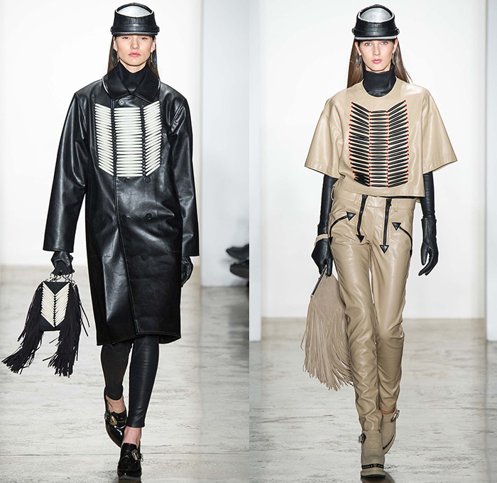 KTZ by Marjan Pejoski 2015-2016 Fall Autumn Winter Womens Runway Catwalk Looks - New York Fashion Week NYFW - Native American Indian Nomad Medieval Tribal Ethnic Prints Motif Oversized Outerwear Blanket Coat Poncho Cloak Robe Shearling Fringes Leather Jacket Geometric Beads Necklace Furry Turtleneck Knit Sweater Jumper Feathers Dress Skirt Frock Shield Emblem Choker Marching Band Cardigan Flags