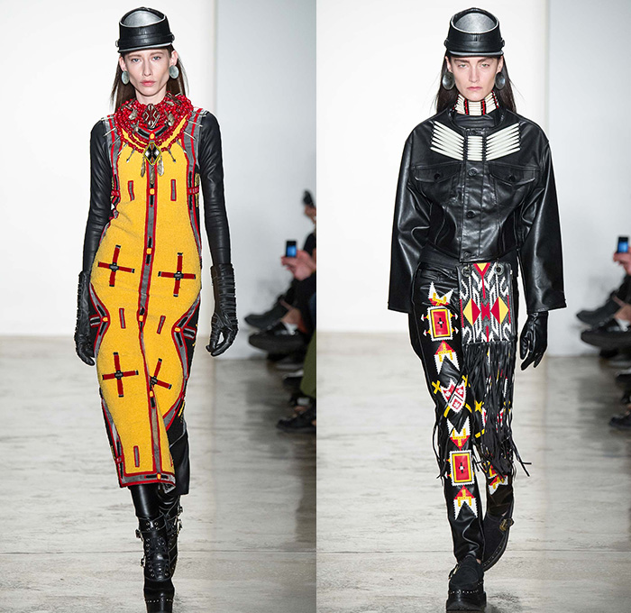 KTZ by Marjan Pejoski 2015-2016 Fall Autumn Winter Womens Runway Catwalk Looks - New York Fashion Week NYFW - Native American Indian Nomad Medieval Tribal Ethnic Prints Motif Oversized Outerwear Blanket Coat Poncho Cloak Robe Shearling Fringes Leather Jacket Geometric Beads Necklace Furry Turtleneck Knit Sweater Jumper Feathers Dress Skirt Frock Shield Emblem Choker Marching Band Cardigan Flags