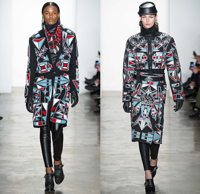 KTZ by Marjan Pejoski 2015-2016 Fall Autumn Winter Womens Runway Catwalk Looks - New York Fashion Week NYFW - Native American Indian Nomad Medieval Tribal Ethnic Prints Motif Oversized Outerwear Blanket Coat Poncho Cloak Robe Shearling Fringes Leather Jacket Geometric Beads Necklace Furry Turtleneck Knit Sweater Jumper Feathers Dress Skirt Frock Shield Emblem Choker Marching Band Cardigan Flags