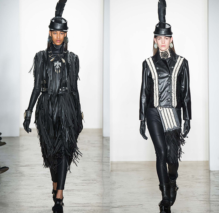 KTZ by Marjan Pejoski 2015-2016 Fall Autumn Winter Womens Runway Catwalk Looks - New York Fashion Week NYFW - Native American Indian Nomad Medieval Tribal Ethnic Prints Motif Oversized Outerwear Blanket Coat Poncho Cloak Robe Shearling Fringes Leather Jacket Geometric Beads Necklace Furry Turtleneck Knit Sweater Jumper Feathers Dress Skirt Frock Shield Emblem Choker Marching Band Cardigan Flags