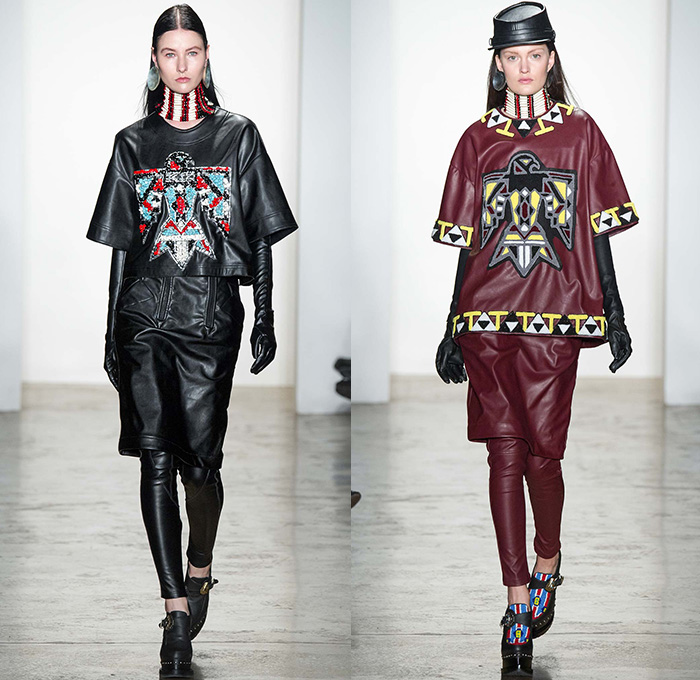 KTZ by Marjan Pejoski 2015-2016 Fall Autumn Winter Womens Runway Catwalk Looks - New York Fashion Week NYFW - Native American Indian Nomad Medieval Tribal Ethnic Prints Motif Oversized Outerwear Blanket Coat Poncho Cloak Robe Shearling Fringes Leather Jacket Geometric Beads Necklace Furry Turtleneck Knit Sweater Jumper Feathers Dress Skirt Frock Shield Emblem Choker Marching Band Cardigan Flags