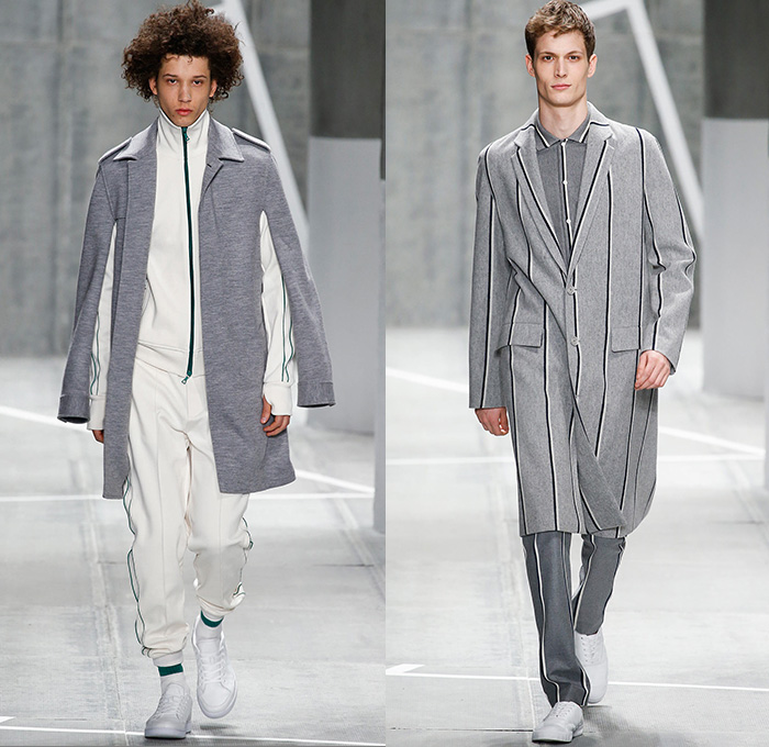 Lacoste 2015-2016 Fall Autumn Winter Mens Runway Catwalk Looks - Mercedes-Benz Fashion Week New York MBFW NYFW - Sporty Tennis Headband Suit Stripes Outerwear Hanging Sleeve Jogger Sweatpants Tracksuit Trackpants Sweater Jumper Sneakers Blazer Trench Coat Duffel Bag