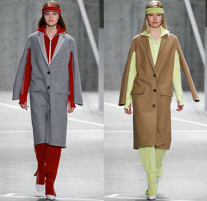 Lacoste 2015-2016 Fall Autumn Winter Womens Runway Catwalk Looks - Mercedes-Benz Fashion Week New York MBFW NYFW - Sporty Tennis Headband Coatdress Hanging Sleeve Pleats Racing Checks Stripes Outerwear Coat Jacket Colorblock Banded Strap Grid Turtleneck Sweater Jumper Miniskirt Skirt Frock Trackpants Jogger Dress Waistcoat Shirtdress Cardigan Asymmetrical Hem Half Skirt Wrap Knit Tracksuit