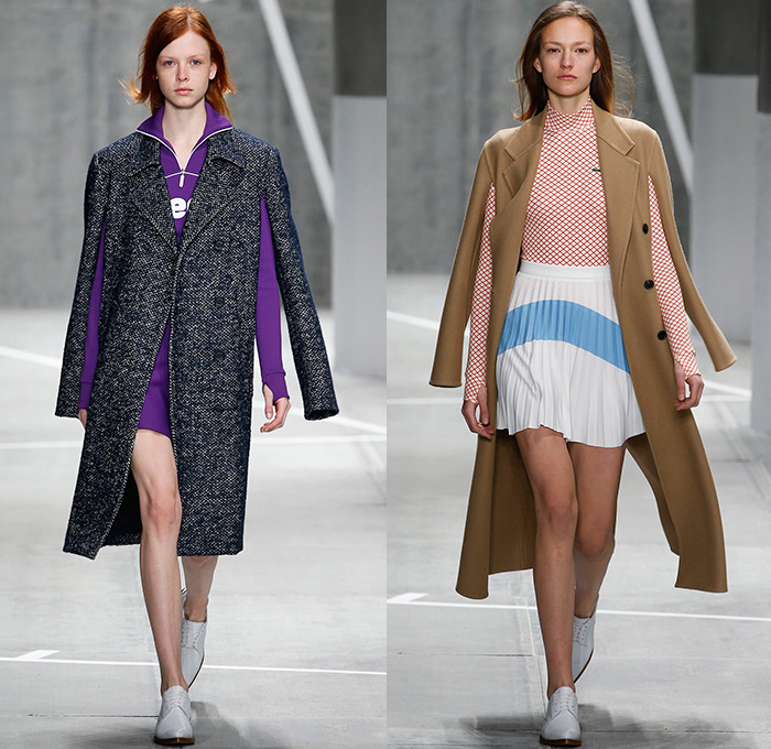 Lacoste 2015-2016 Fall Autumn Winter Womens Runway Catwalk Looks - Mercedes-Benz Fashion Week New York MBFW NYFW - Sporty Tennis Headband Coatdress Hanging Sleeve Pleats Racing Checks Stripes Outerwear Coat Jacket Colorblock Banded Strap Grid Turtleneck Sweater Jumper Miniskirt Skirt Frock Trackpants Jogger Dress Waistcoat Shirtdress Cardigan Asymmetrical Hem Half Skirt Wrap Knit Tracksuit